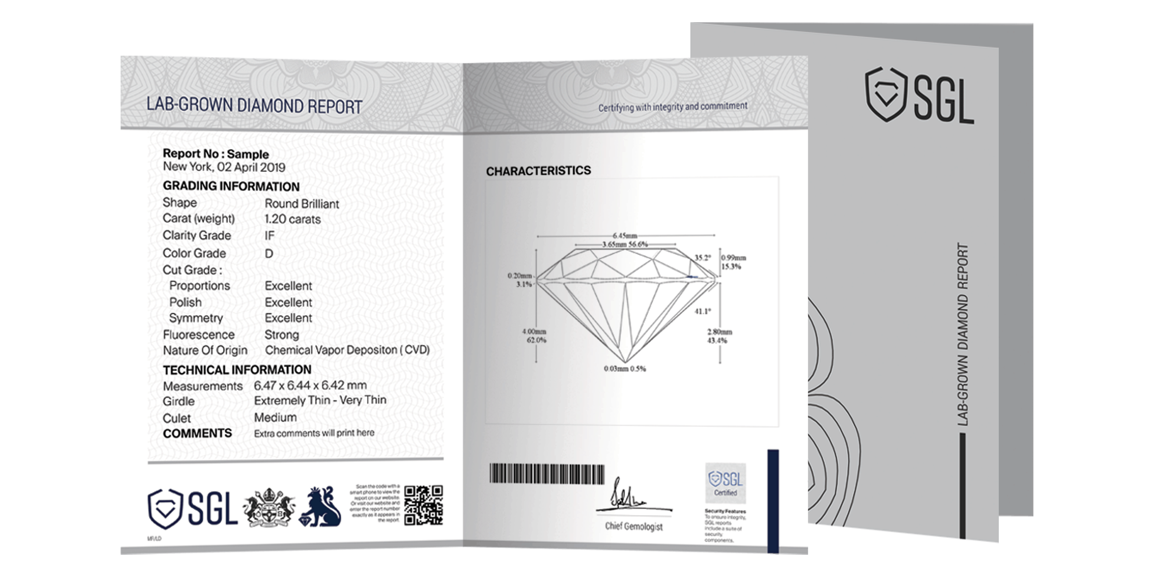 The image is of a lab grown diamond certificate provided by SGL labs. It also shows the different attributes and a detailed information of the characteristics of the diamond.