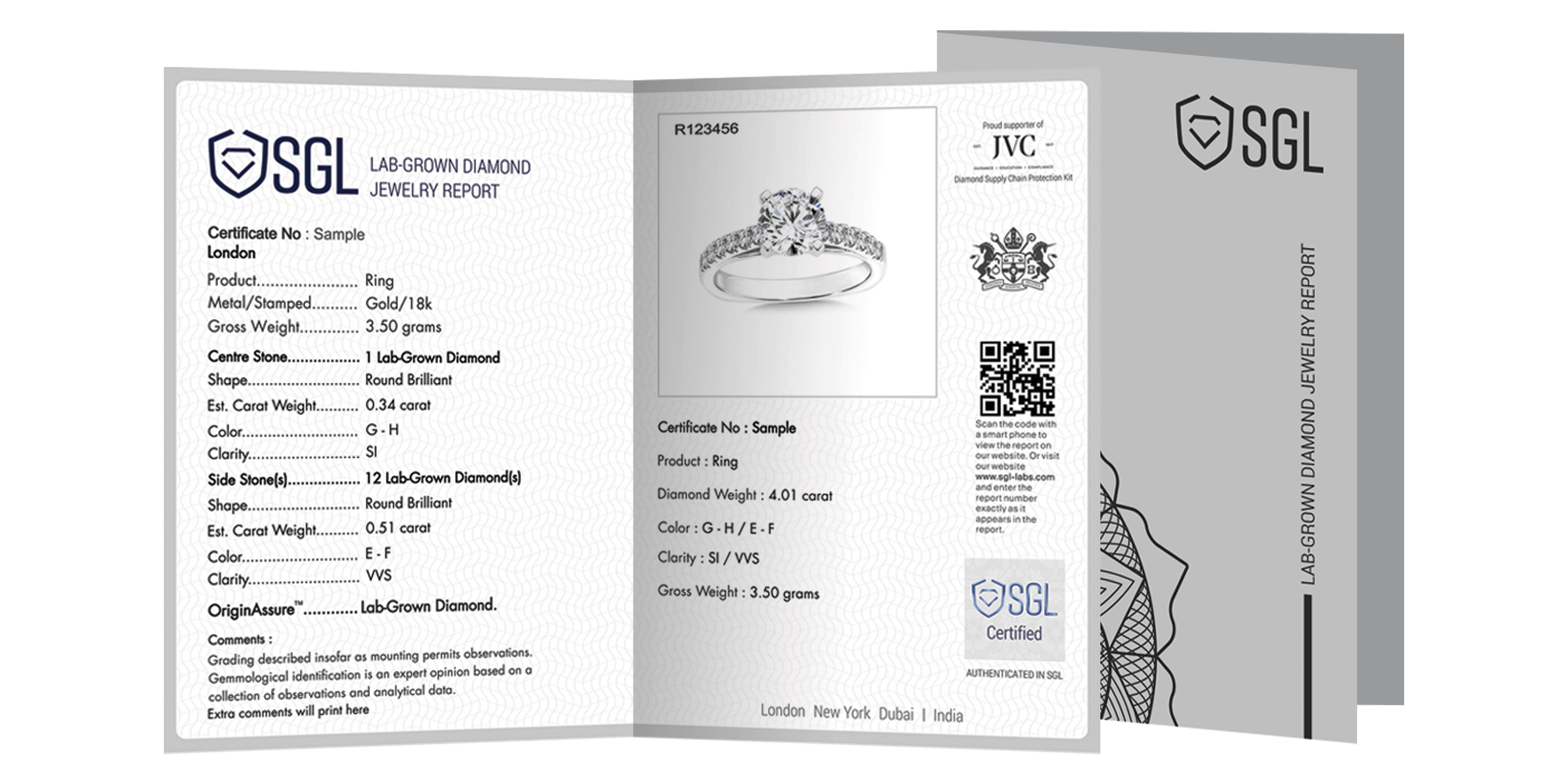 The image is of a sample certificate of lab grown diamond jewellery report by SGL.