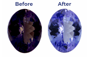 The image shows the difference of before and after the treatment and processes done on coloured gemstones.