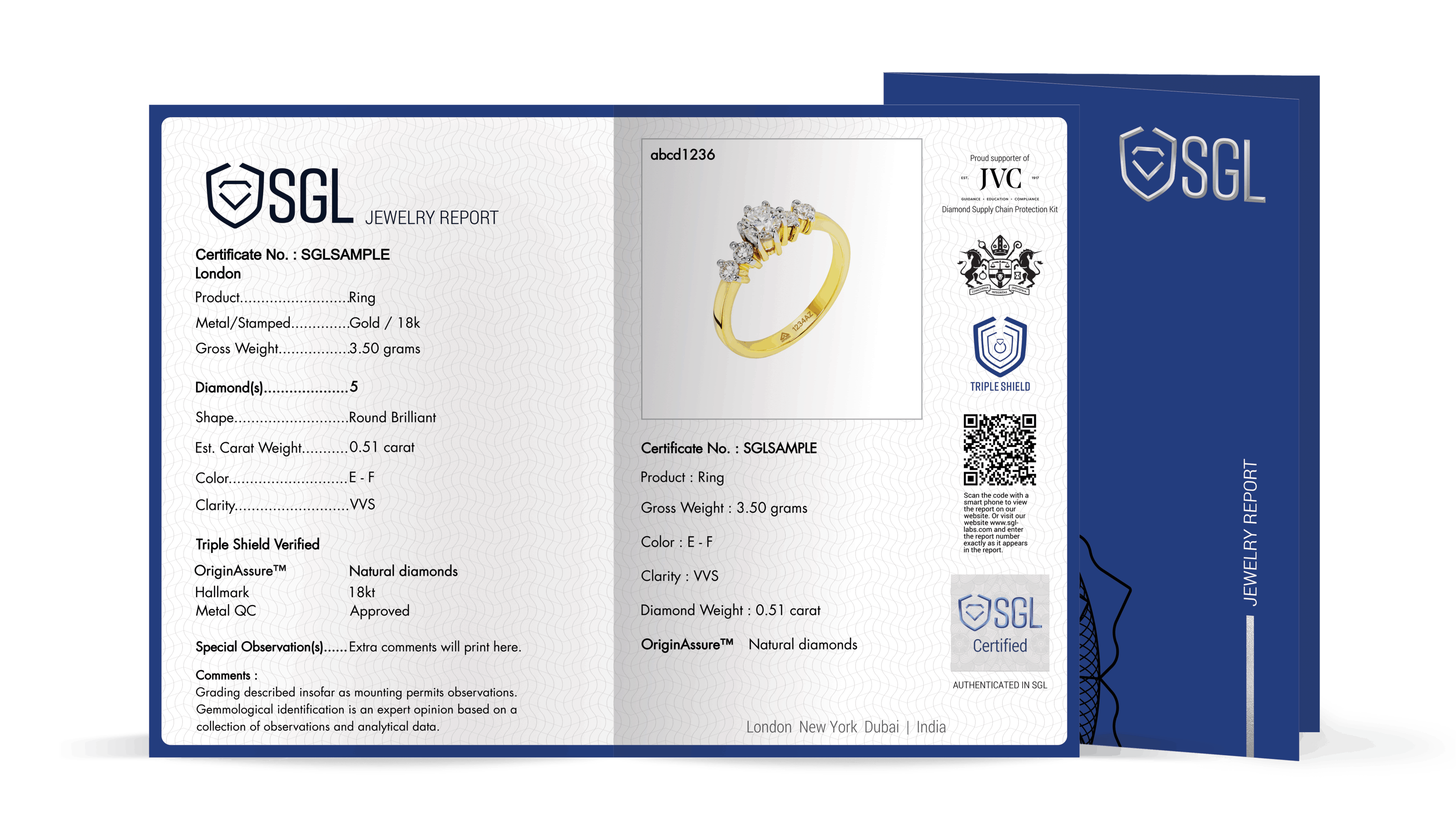 This is a sample jewellery report of a Triple shield certificate of a ring which mentions different attributes which are being checked by SGL Labs.