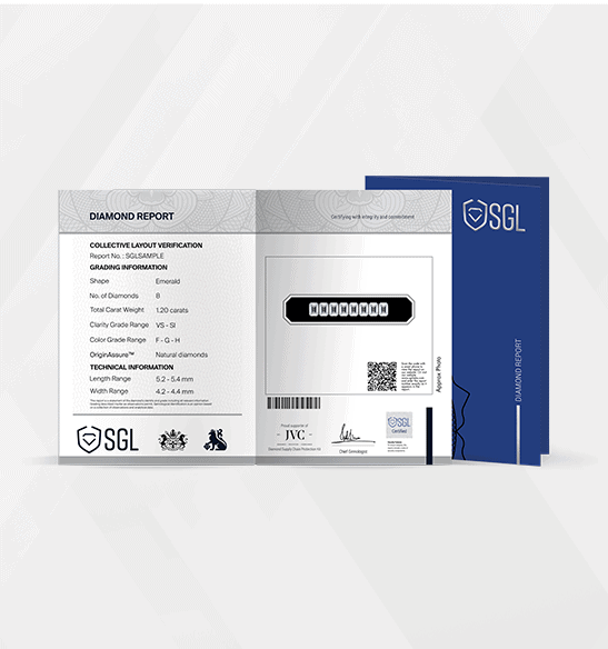 The diamond report of SGL's provides - Assessment of a diamond’s 4Cs, A plotted diagram of its clarity characteristics and its Nature of Origin