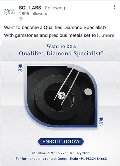 Details for Qualified diamond specialist course which is to be conducted in Mumbai.