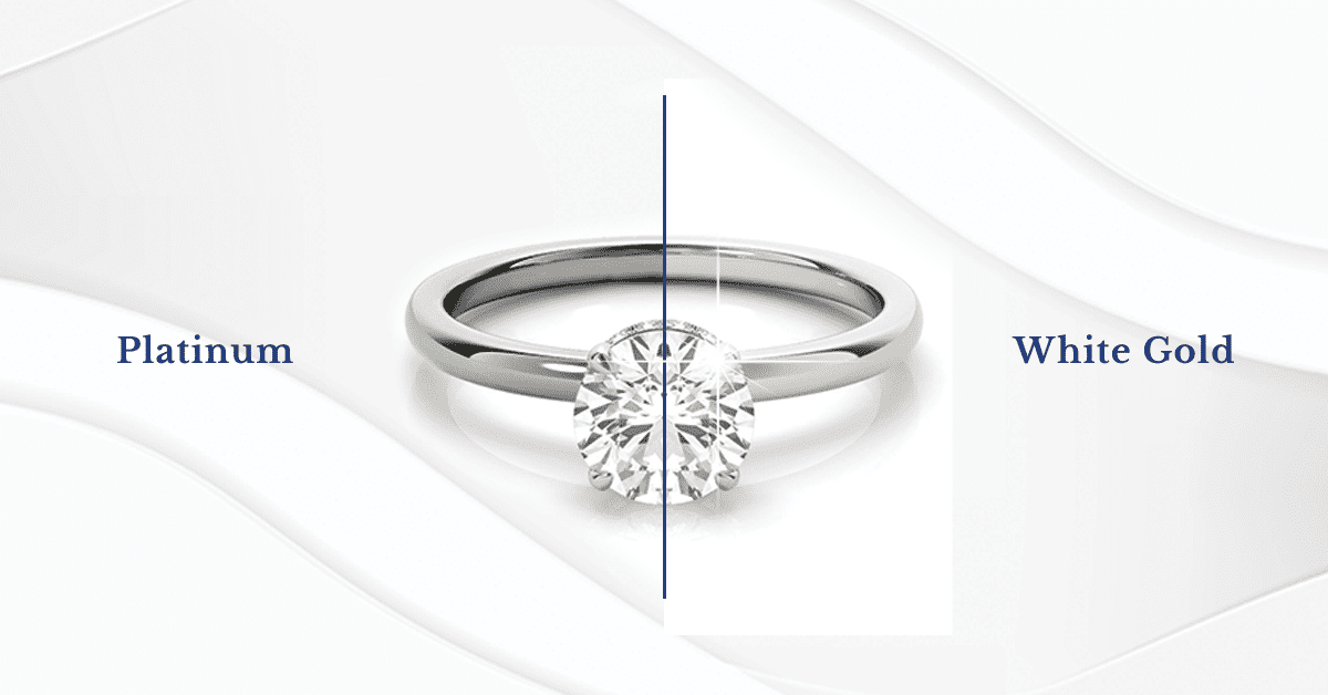 image of a ring made with half white gold and half dimaond to showcase the differences like benefits, value, pricing, rarity and properties between both.