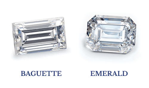 This image shows a baguette diamond and emerald diamond placed adjacent to each other