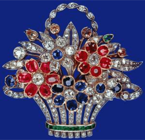 A charming multicolour diamond brooch featuring rubies and sapphires fashioned in a flower basket is one of the most impressive possessions of the queen.