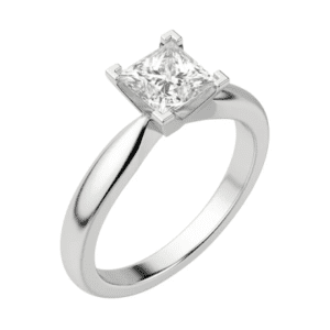 Solitaire ring studded with a princess cut diamond.