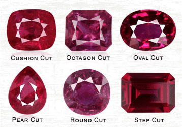 Rubies in different cut namely Cushion cut ruby, octagon cut ruby, oval cut ruby, pear cut, round cut and step cut.